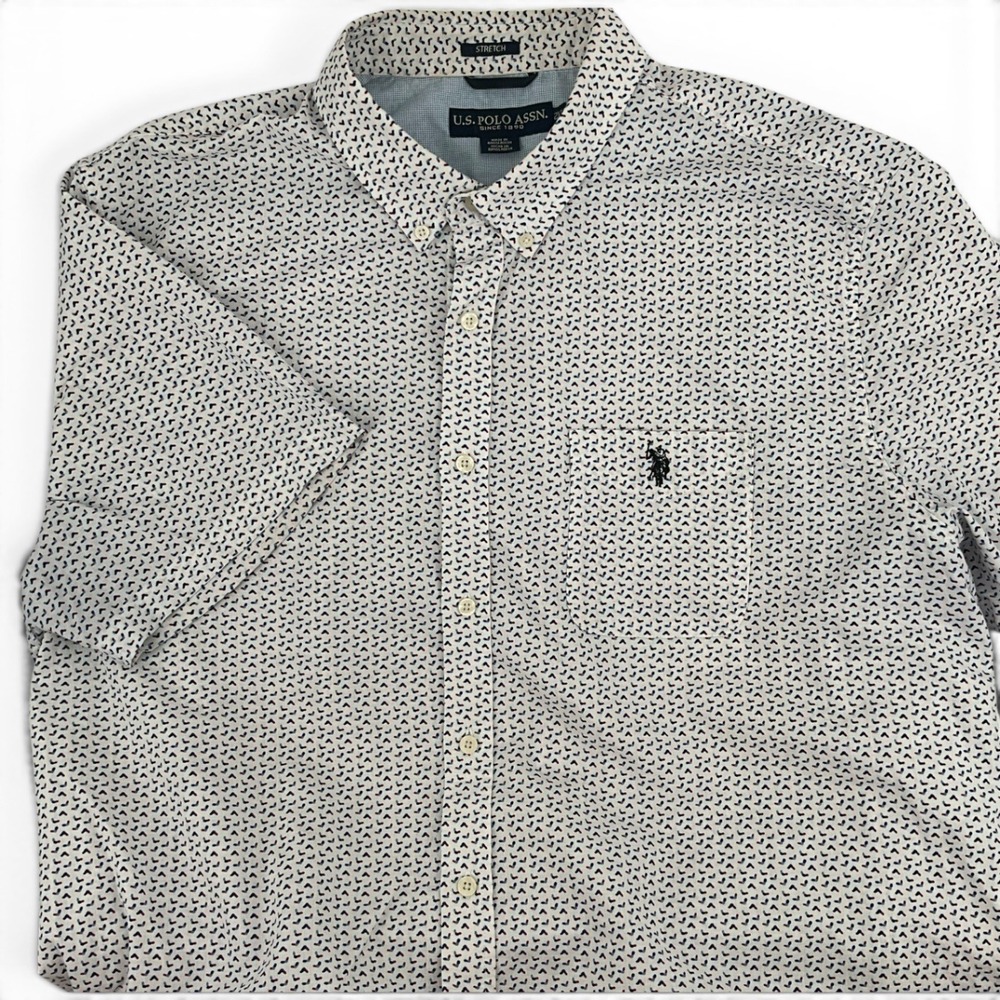 US Polo Assn Mens 2XL White Geometric Print Short Sleeve Button Down Shirt